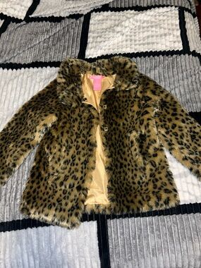 Isaac Mizrahi Leopard Print Faux Fur Pea Coat in Brown
